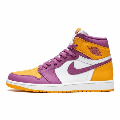 Purple and yellow sneaker with a white background