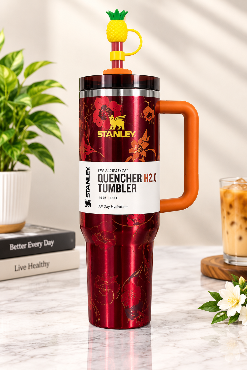 Stanley Quencher H2.0 Tumbler 40 oz – Floral Design Insulated Travel Mug with Handle & Straw